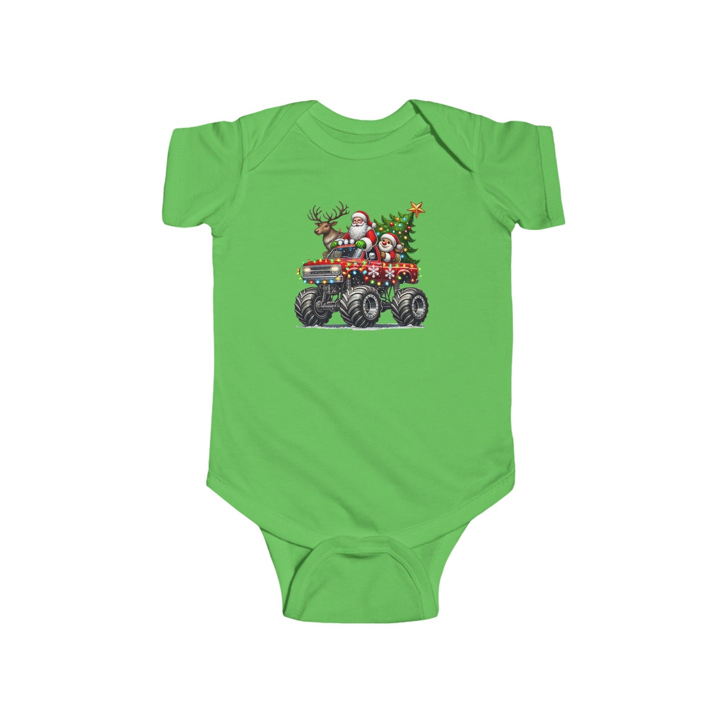 Festive Monster Truck Baby Onesie – Holiday Lights Ride 🚗✨