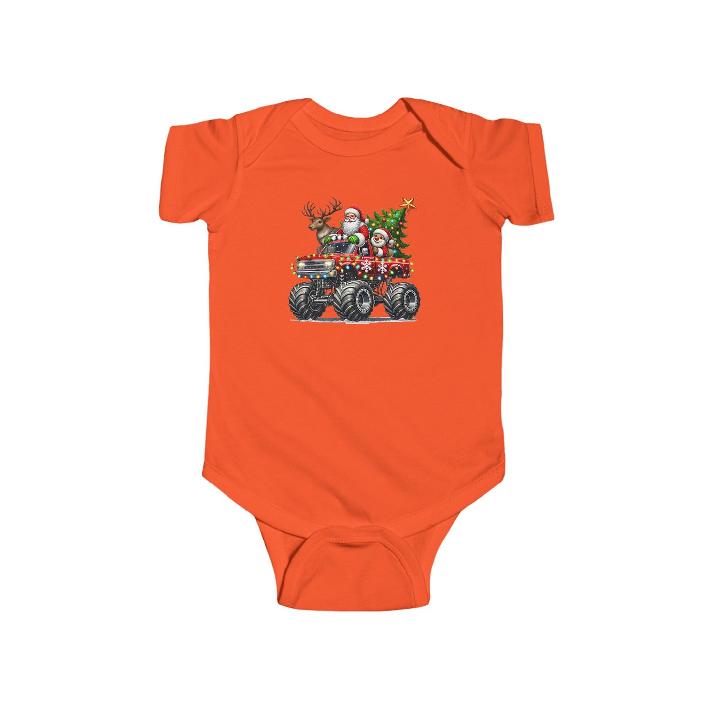 Festive Monster Truck Baby Onesie – Holiday Lights Ride 🚗✨