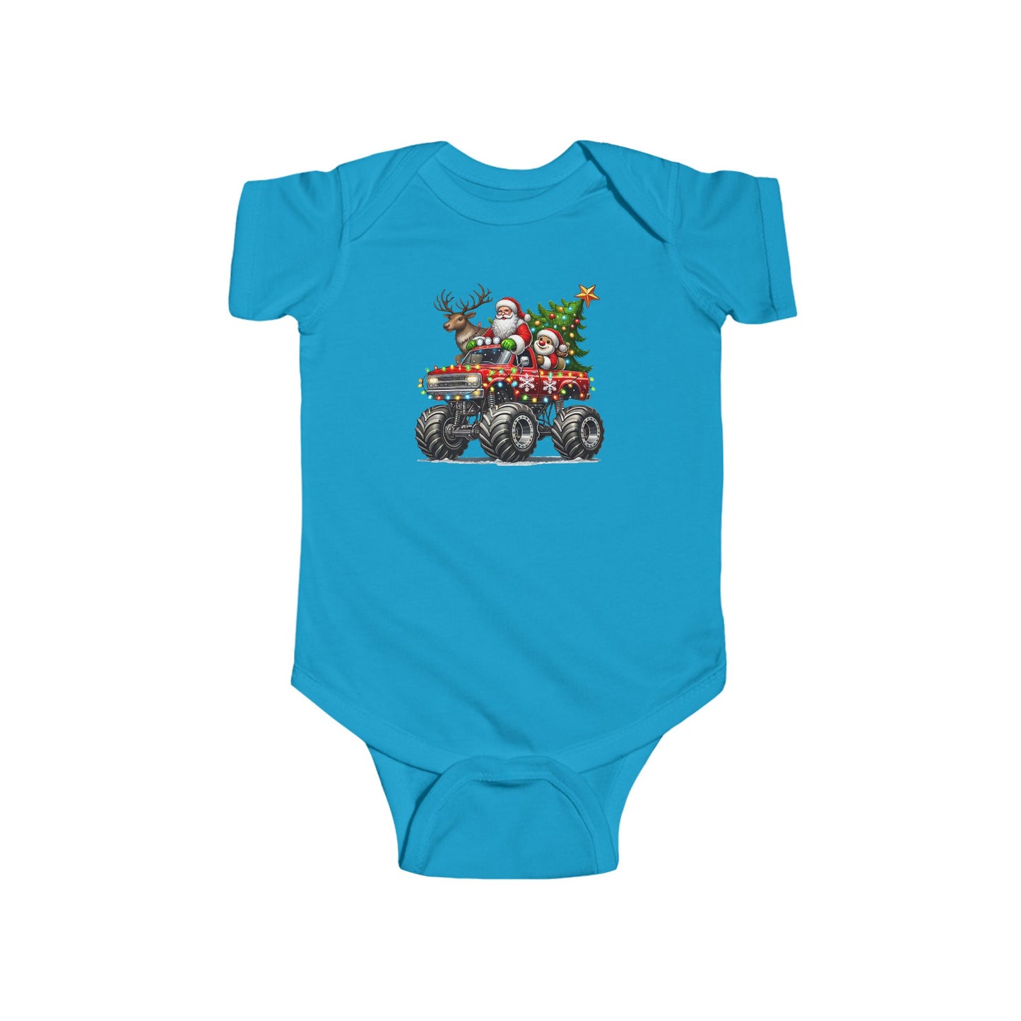 Festive Monster Truck Baby Onesie – Holiday Lights Ride 🚗✨