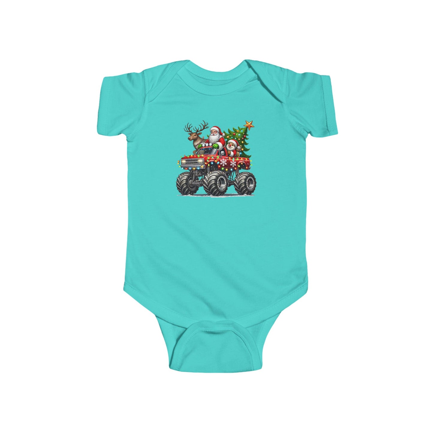 Festive Monster Truck Baby Onesie – Holiday Lights Ride 🚗✨