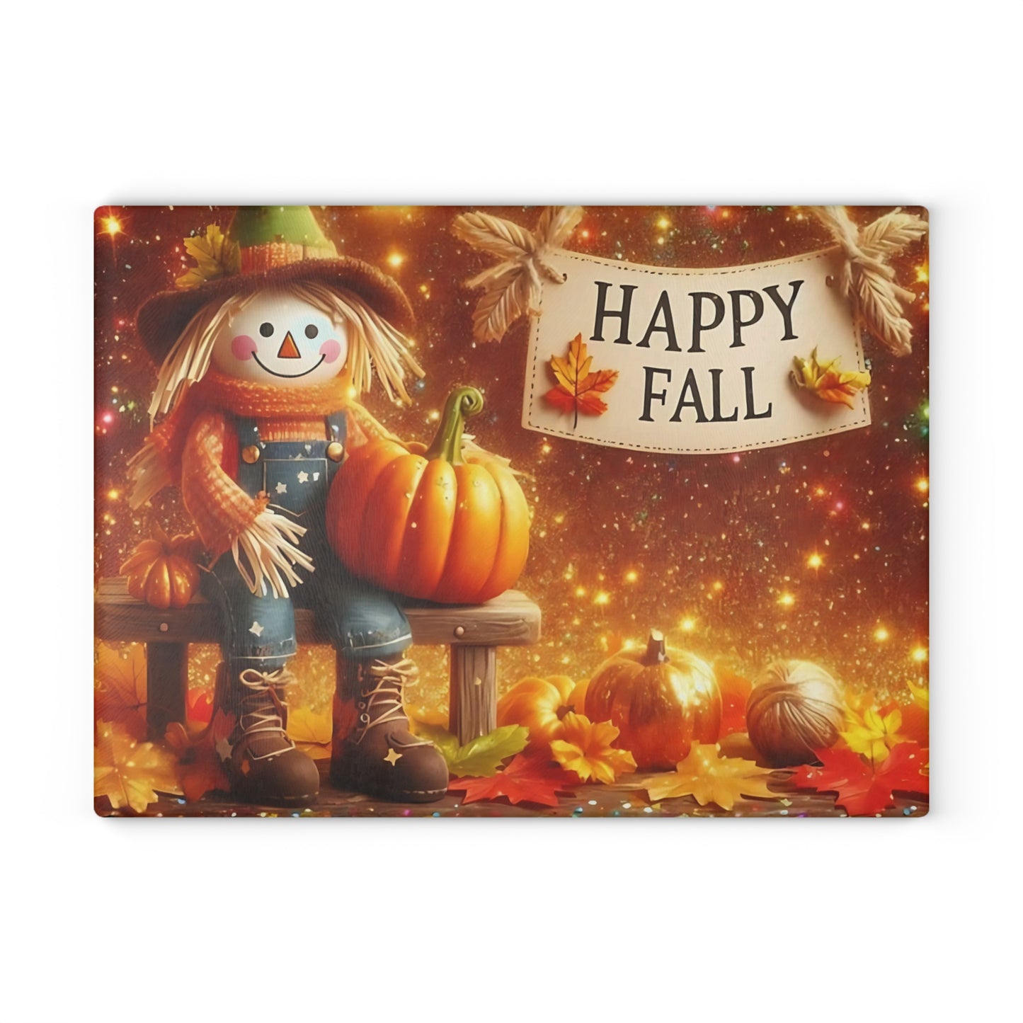 🍂🌟 Happy Fall Scarecrow Cutting Board – Rustic Autumn Kitchen Décor with Pumpkins & Golden Glow 🎃✨