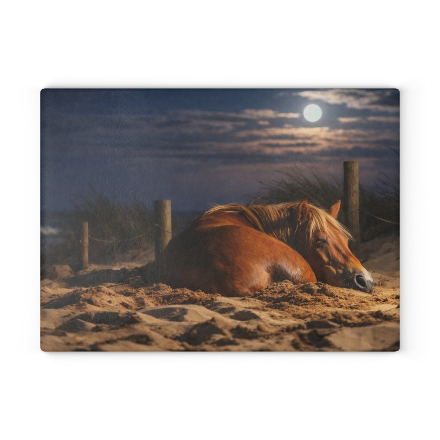 Peaceful Horse on Moonlit Beach Glass Cutting Board – Coastal Farmhouse Horse Lover Kitchen Decor