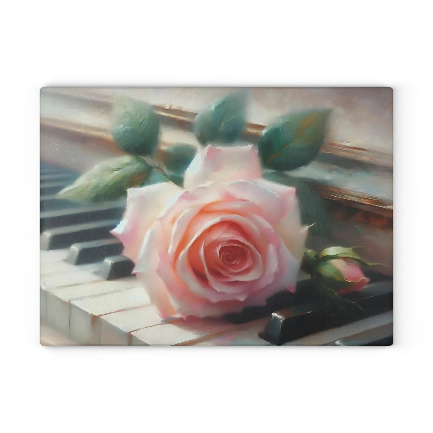 Tabla de cortar de vidrio templado con una rosa rosa sobre teclas de piano, elegante decoración de cocina con música y flores, regalo para músicos, tabla de charcutería