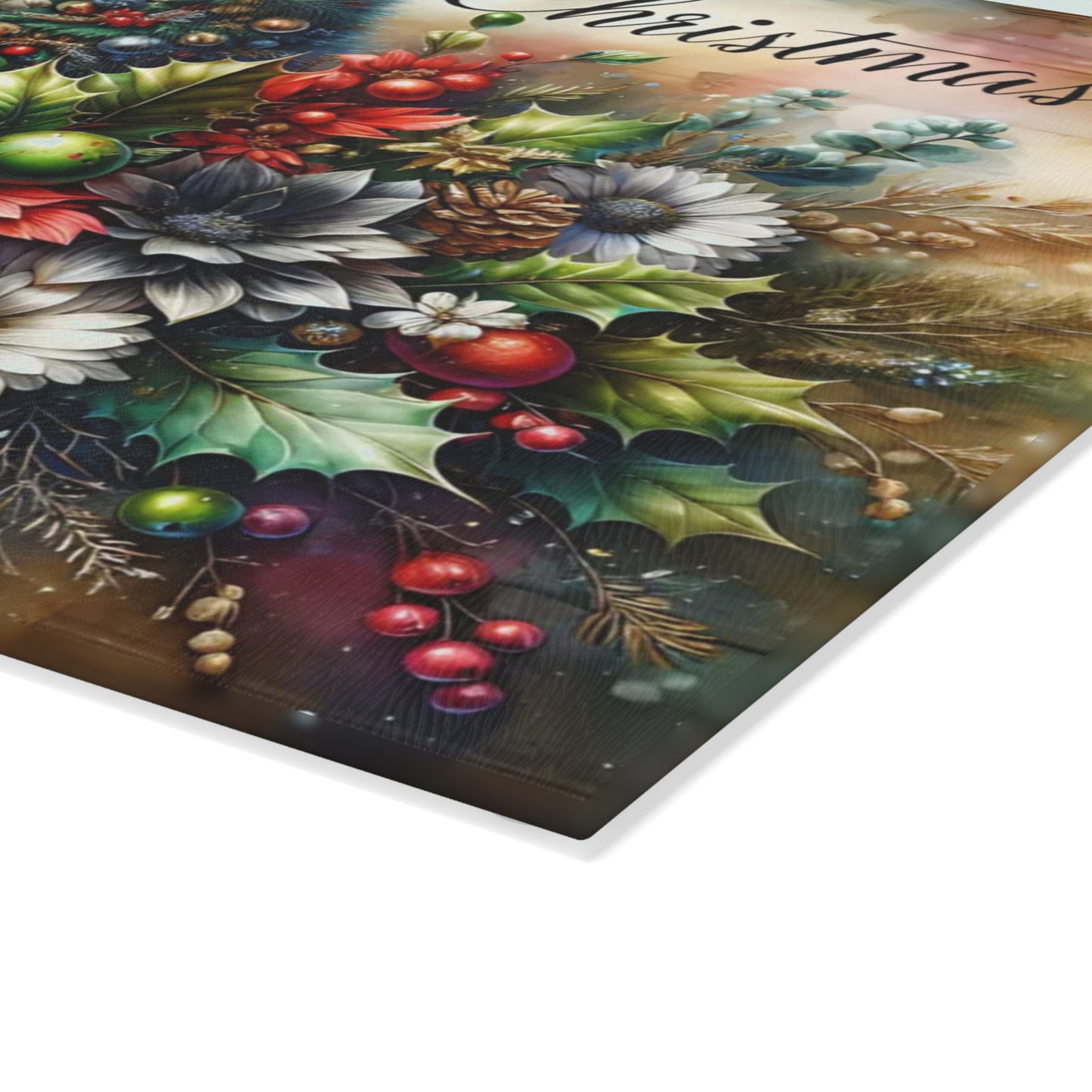 🎄✨ “Merry Christmas Bouquet” Glass Cutting Board – Festive Holiday Centerpiece for Your Kitchen