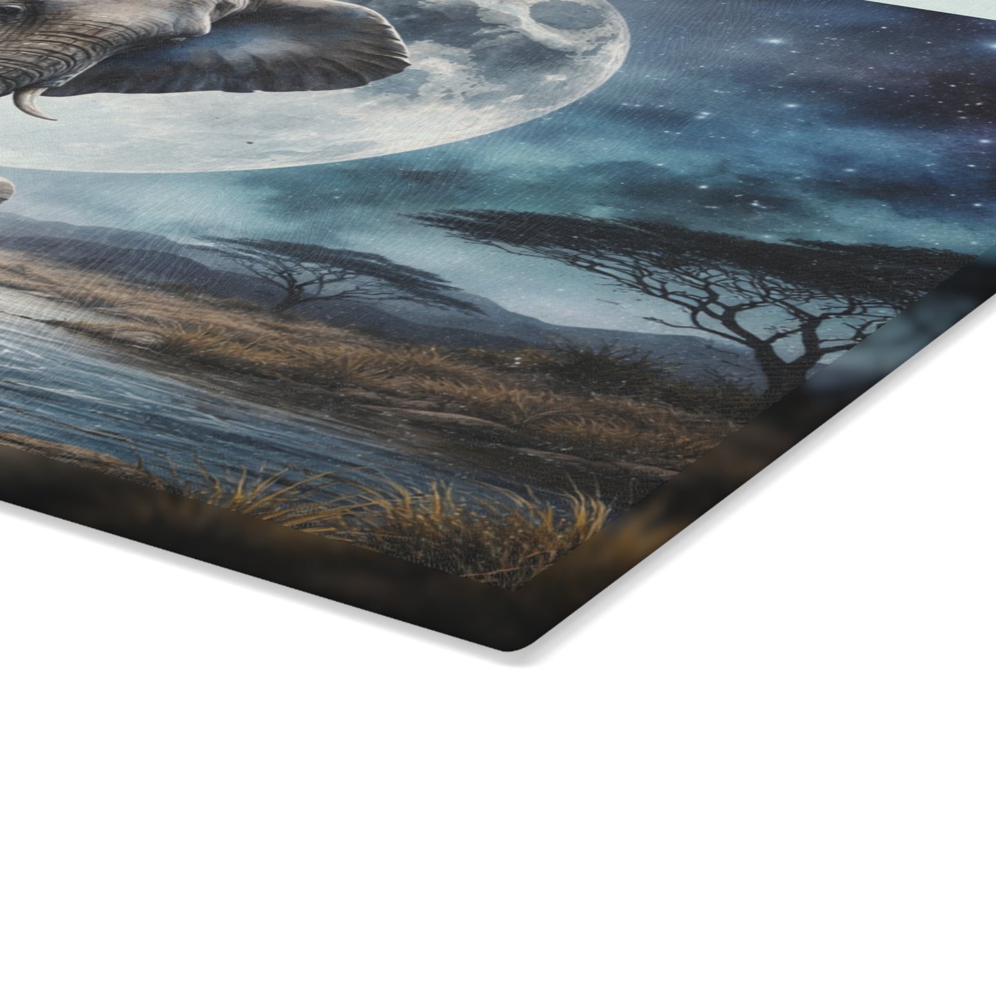Moonlit Elephant and Calf Glass Cutting Board – Mystical Night Safari Wildlife Art