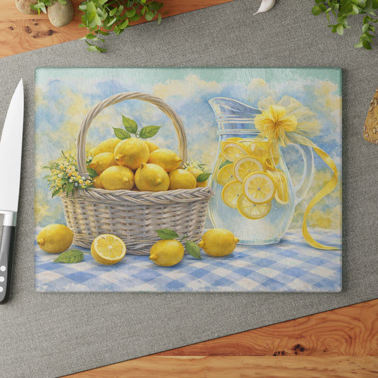 Lemon Basket Glass Cutting Board – Cottage Farmhouse Kitchen Decor with Fresh Lemon Pitcher Art