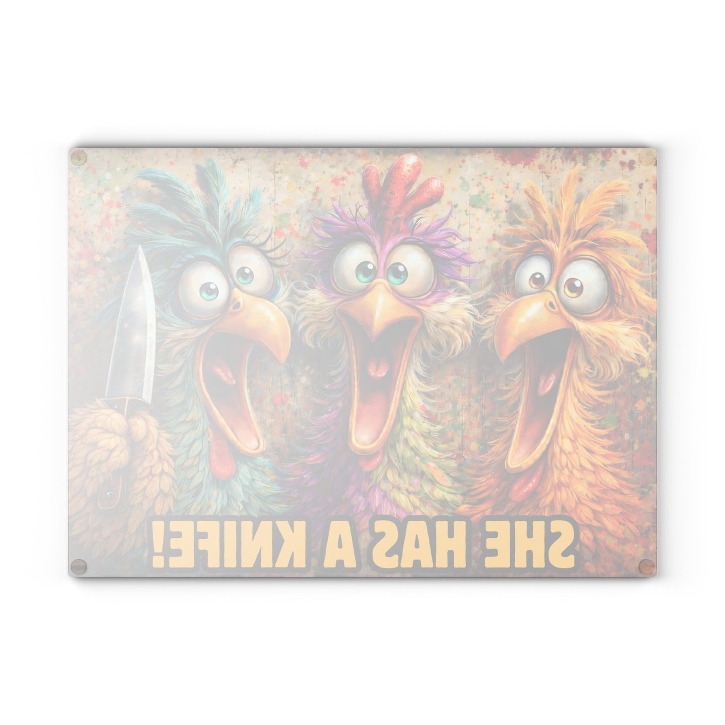 She Has a Knife! Funny Chicken Glass Cutting Board – Bold Farmhouse Kitchen Humor