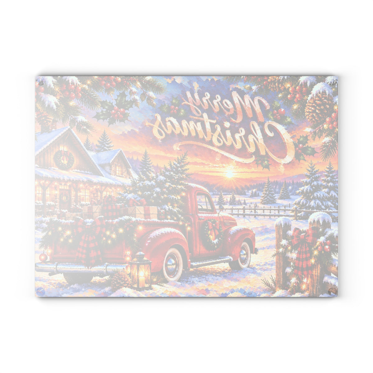 Merry Christmas Vintage Red Truck Tempered Glass Cutting Board – Snowy Farmhouse Christmas Scene – 11 × 15 Inches