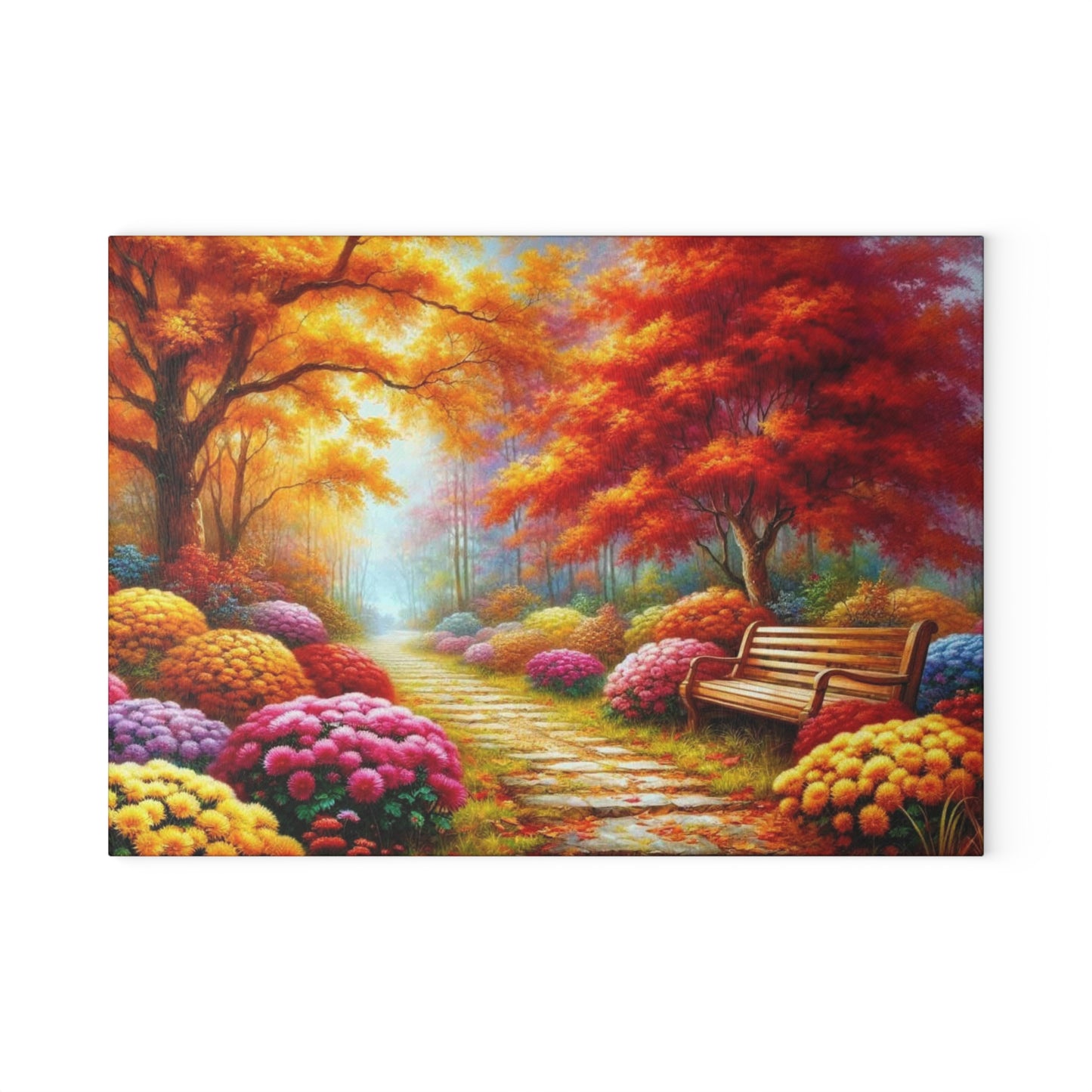 🍁 Autumn Path & Park Bench – Cozy Fall Tempered Glass Cutting Board