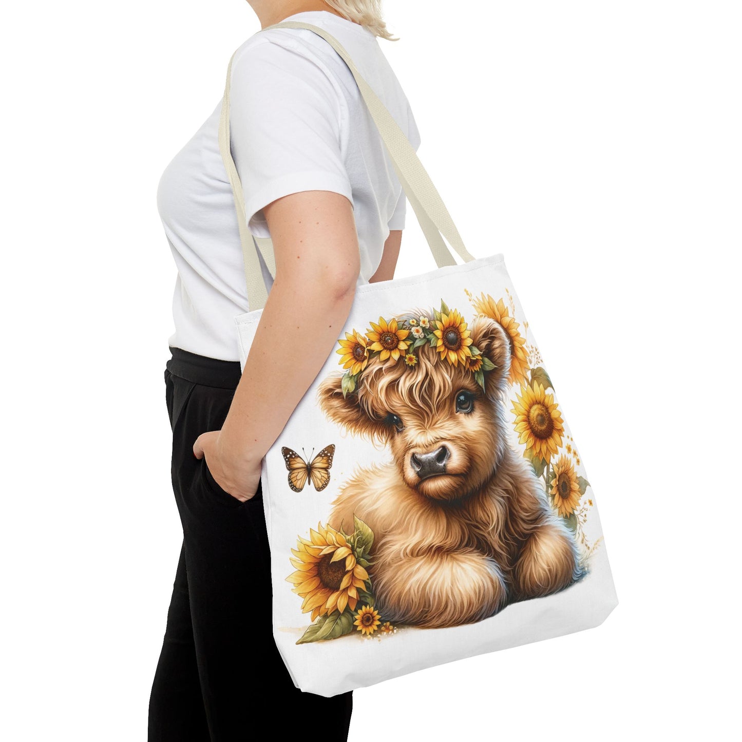 🌻 Sunflower Crown Highland Calf Tote Bag – Country Charm & Butterfly Bliss 🐮👜