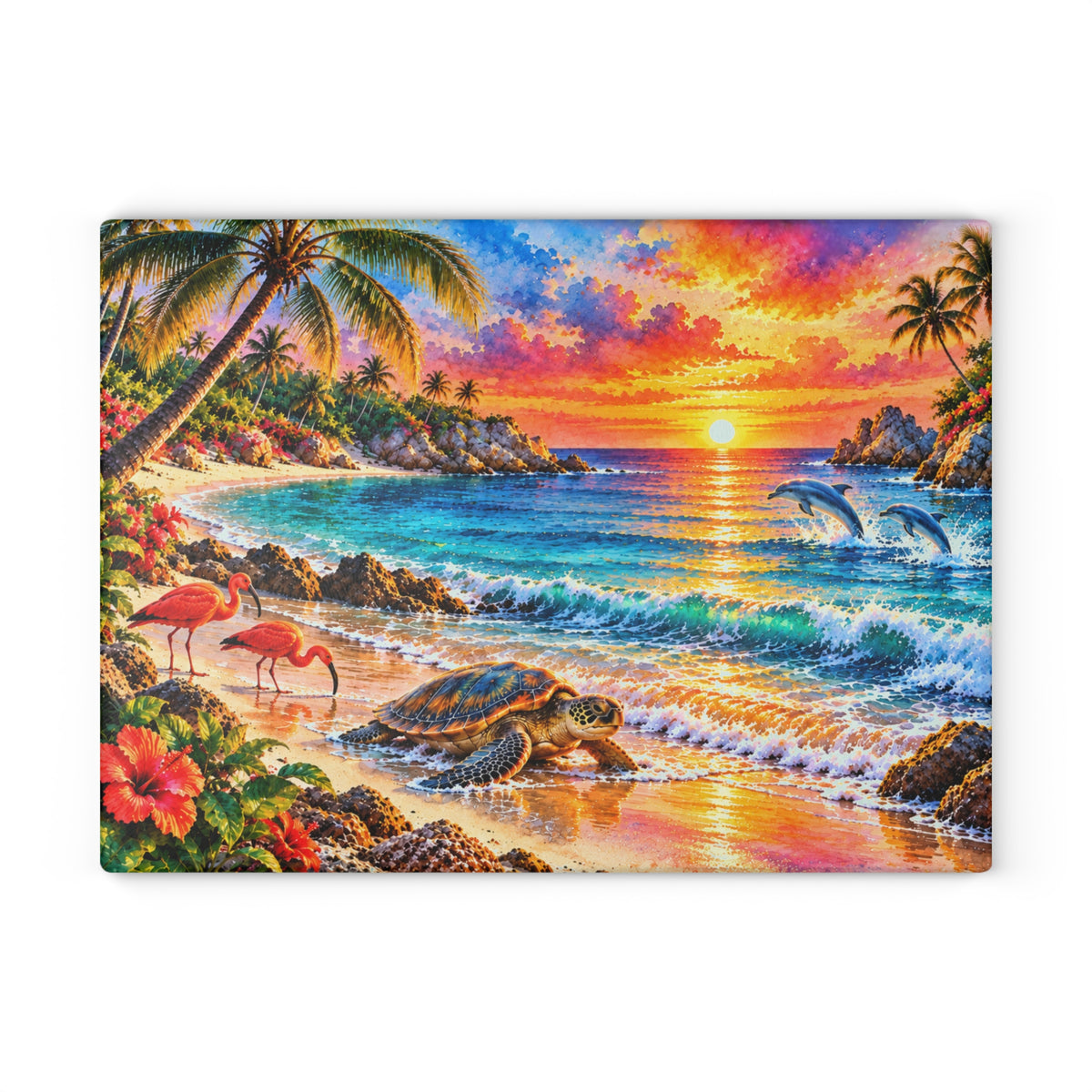 Tropical Sunset Beach Glass Cutting Board – Sea Turtle, Dolphins, Scarlet Ibis & Colorful Island Paradise