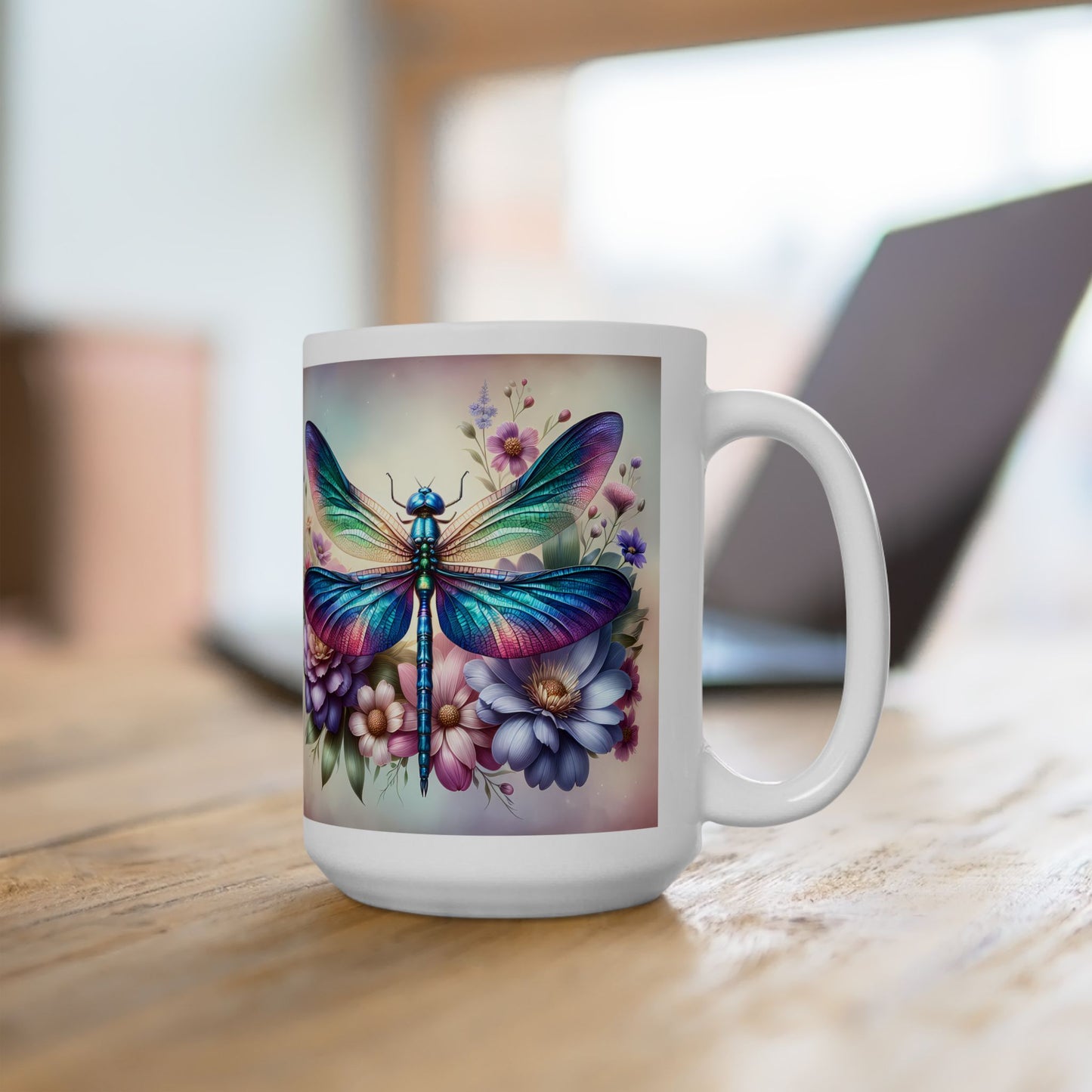 🌸 Vivid Garden Bloom – Envoltorio para taza de café con libélula arcoíris ☕