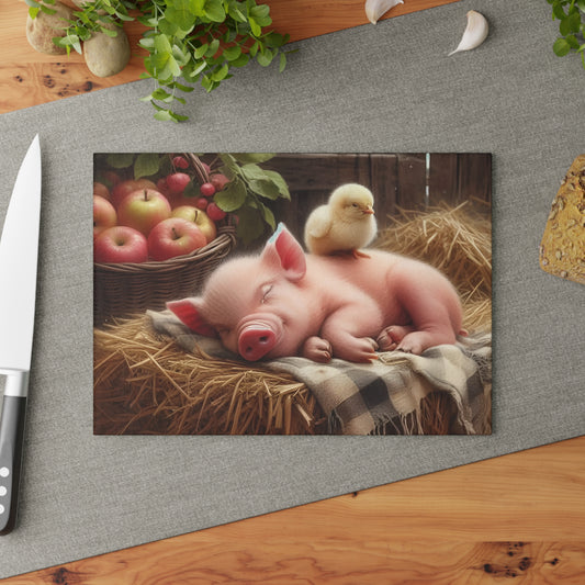 Tabla de cortar con diseño de cerdito y pollito en heno con manzanas, regalo único, tabla de cortar de vidrio, tabla de charcutería, tabla de cortar personalizada