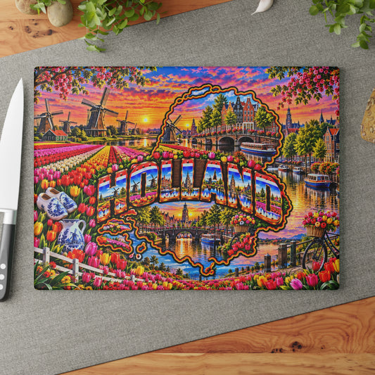 Holland Cutting Board – Netherlands Map, Colorful Tulip Fields, Dutch Windmills, Amsterdam Canals & Kitchen Décor
