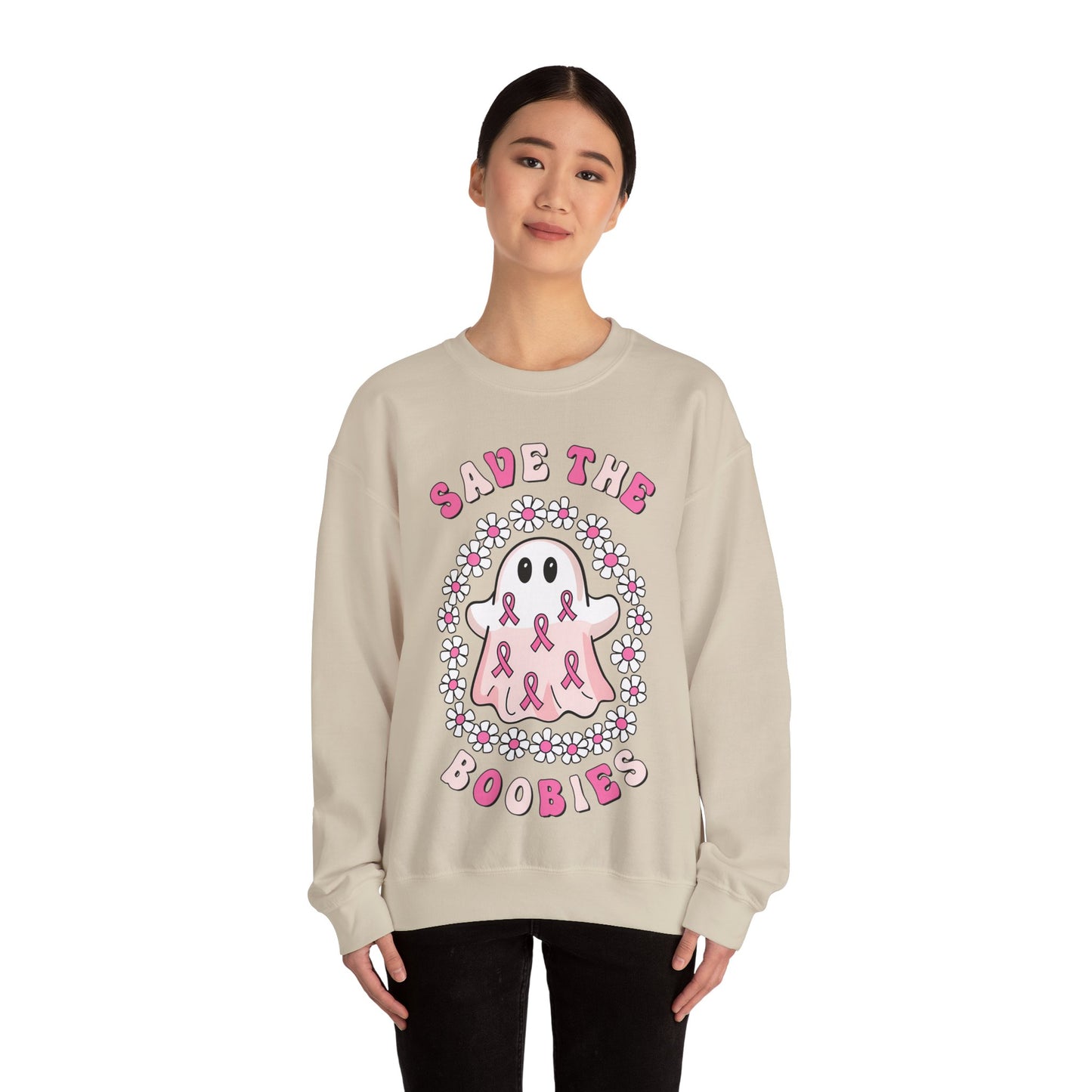 👻🎀 Save the Boobies Ghost Sweatshirt – Cute Breast Cancer Awareness Crewneck