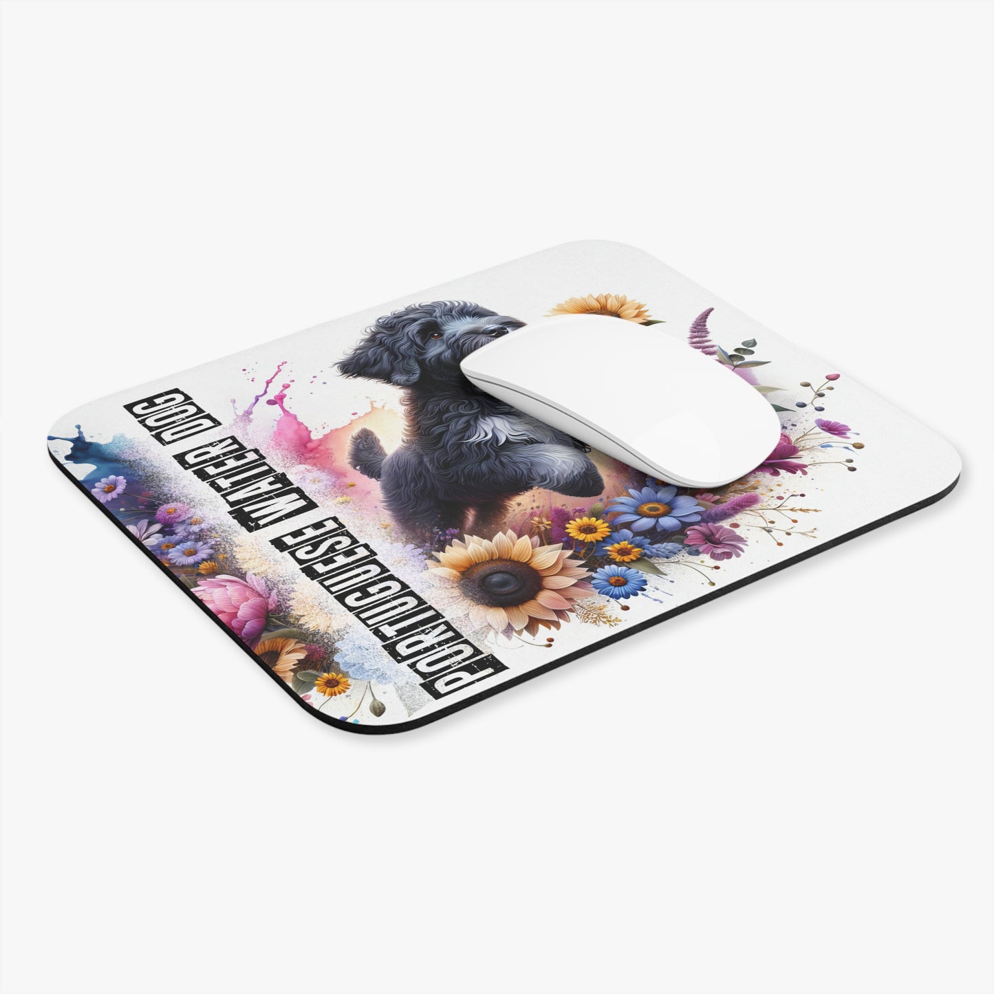 🖱️🐕‍🦺🌊 Portuguese Water Dog Mouse Pad – Playful PWD with Florals & Splashes