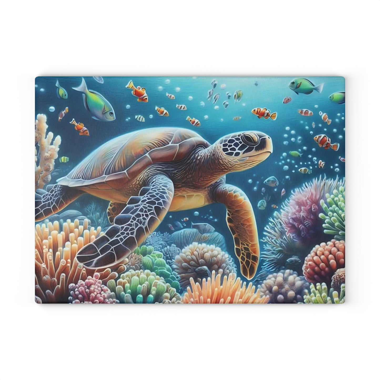 Tabla de cortar con diseño de tortuga marina y arrecife de coral: belleza oceánica serena para tu cocina