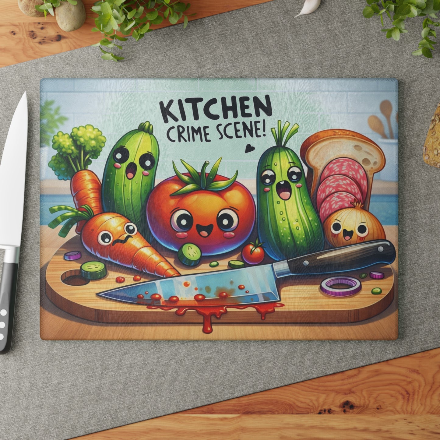 Kitchen Crime Scene Glass Cutting Board – Funny Vegetable Cartoon Kitchen Decor