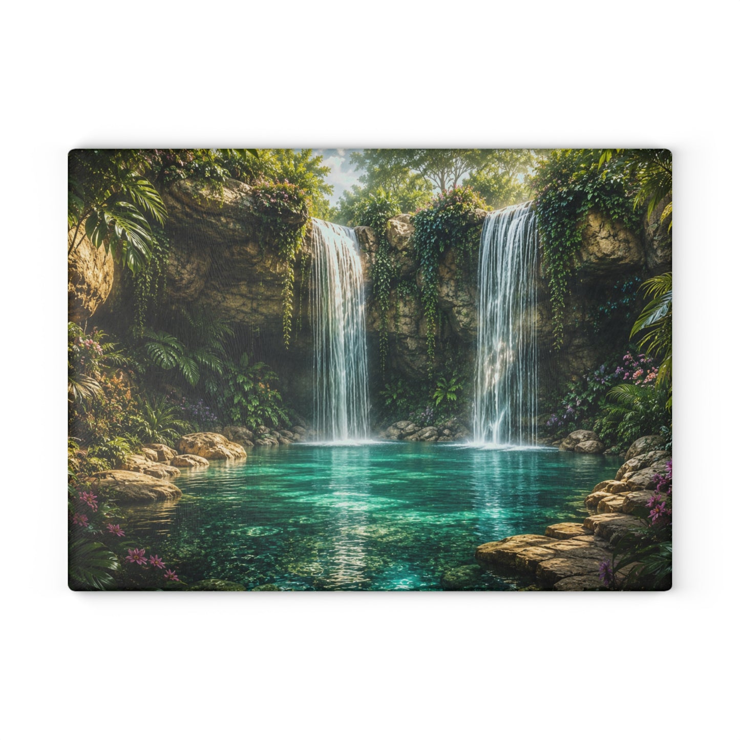 Tropical Twin Waterfall Glass Cutting Board – Serene Nature Kitchen Decor, Rainforest Waterfall Landscape Gift