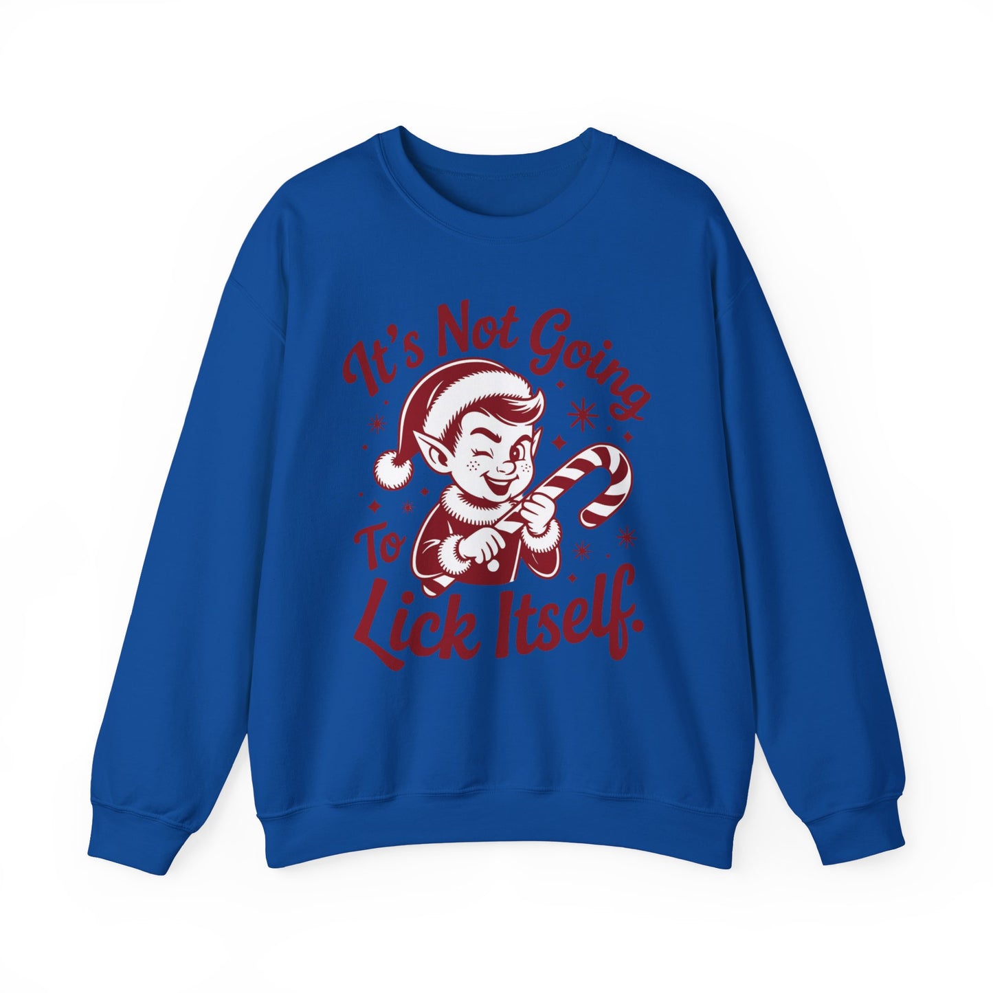 🍭😅 “It’s Not Going To Lick Itself” Men’s Funny Elf Sweatshirt – Bold Candy Cane Humor Crewneck