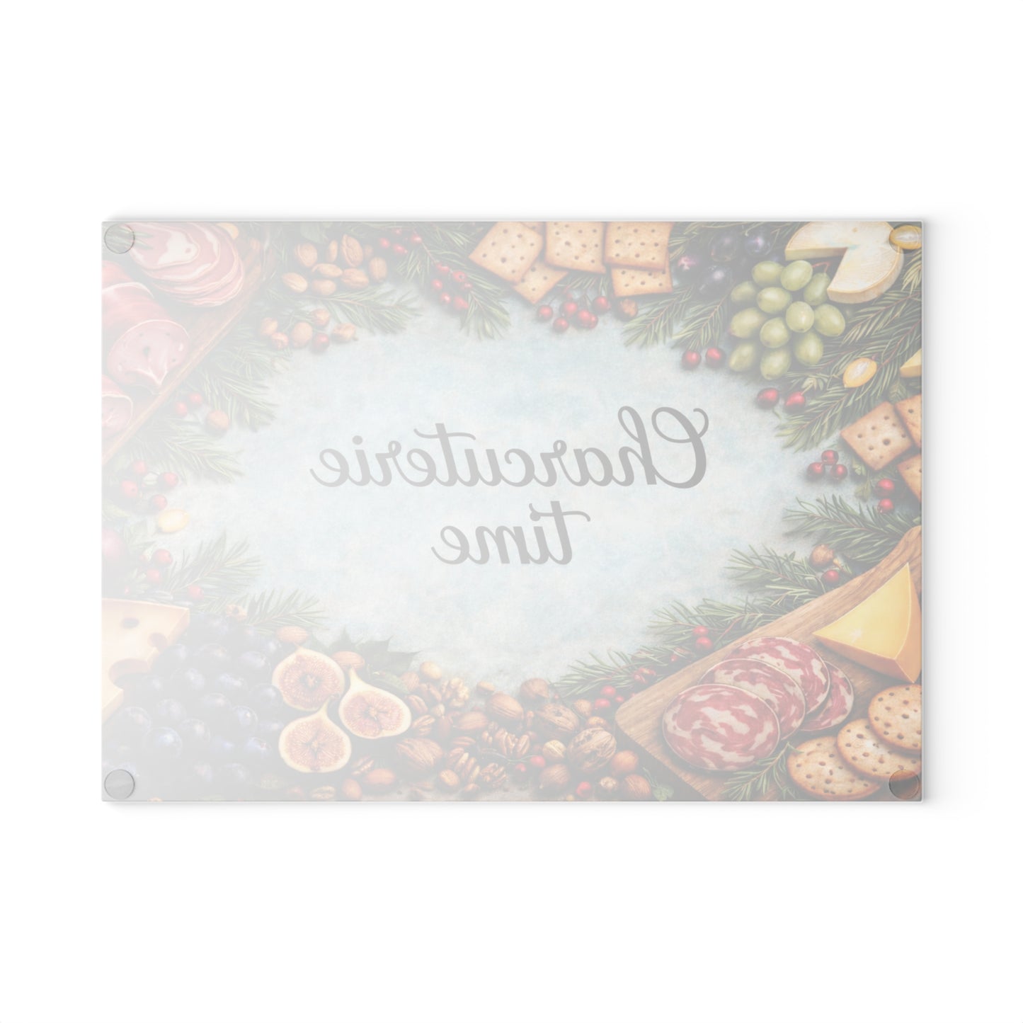 “Charcuterie Time” Festive Entertaining Glass Cutting Board – Holiday Kitchen Décor