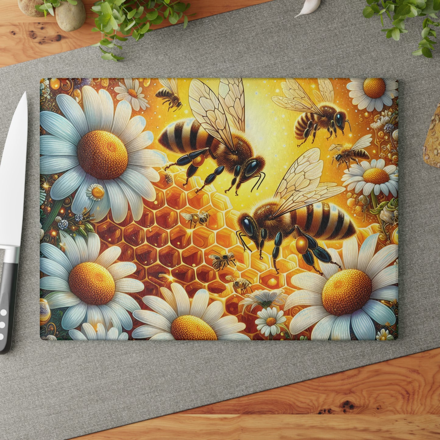 🐝 Bee & Daisy Honeycomb Cutting Board – Nature’s Buzzing Kitchen Elegance 🌼