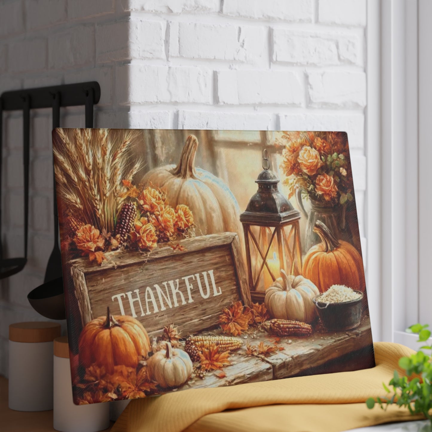 🎃🕯️ “Thankful Autumn Vignette” Glass Cutting Board – Cozy Charm for Your Kitchen