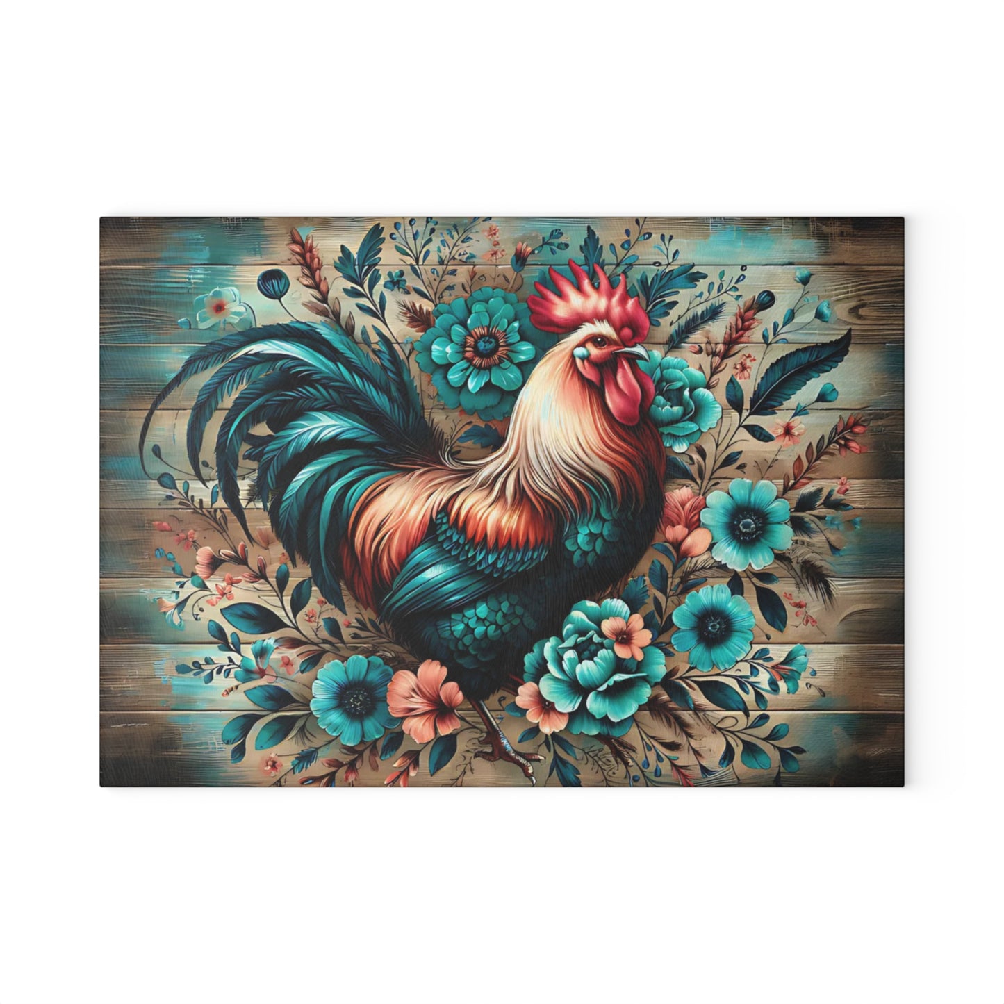 🐓 Rustic Rooster & Teal Floral Cutting Board – Farmhouse Country Kitchen Décor