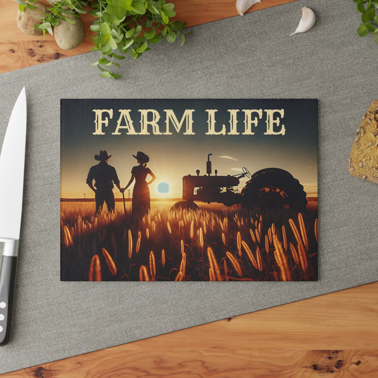 Farm Life Glass Cutting Board – Rustic Countryside Kitchen Art