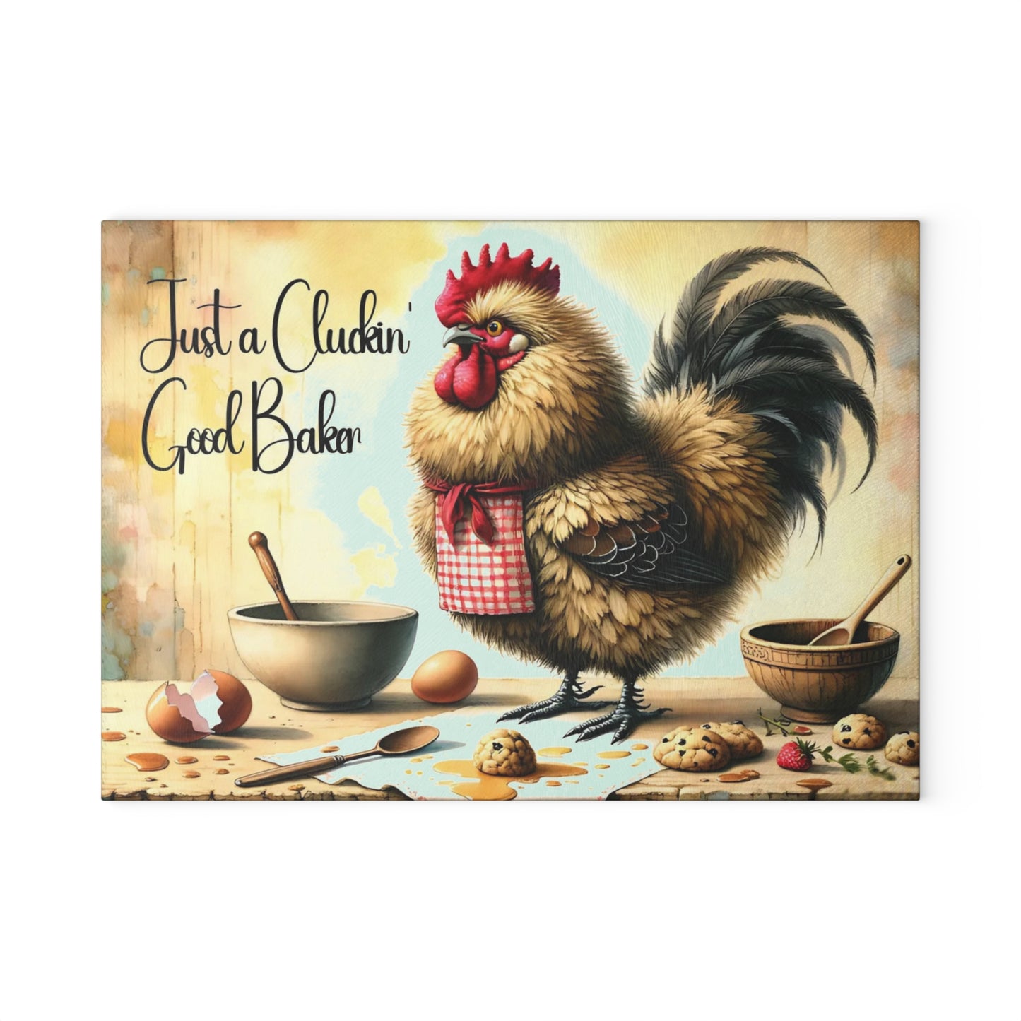 🐔🍪 “Just a Cluckin’ Good Baker” Glass Cutting Board – Cozy Laughs for Your Kitchen