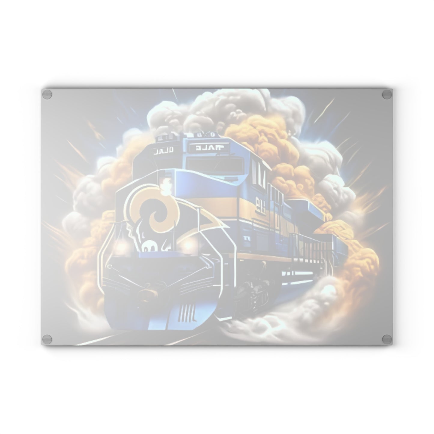 Royal Blue & Yellow Express Glass Cutting Board – High-Energy Train Art for Bright, Bold Kitchens