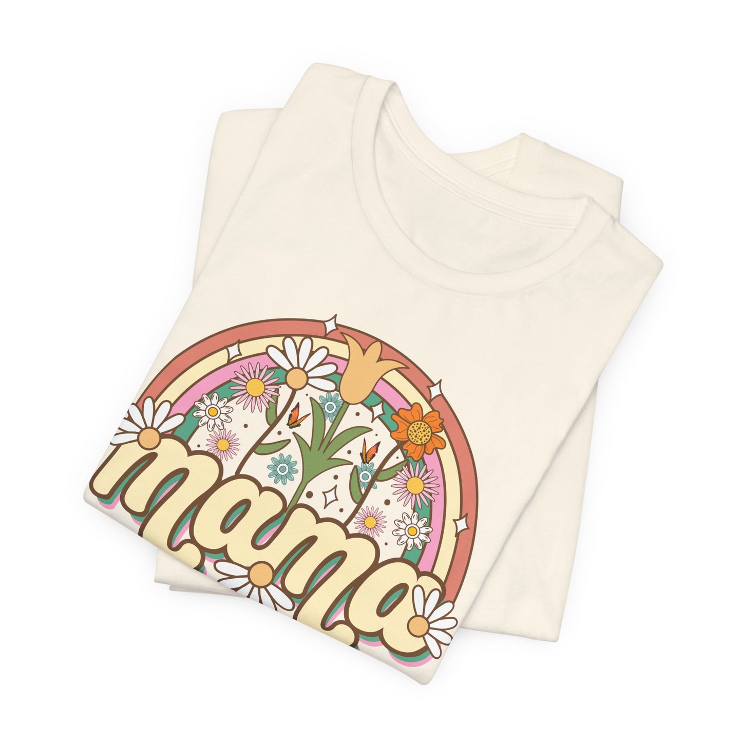 🌼🌈 Retro Floral Mama T-Shirt – Boho Rainbow Graphic Tee for Moms 🌻✨