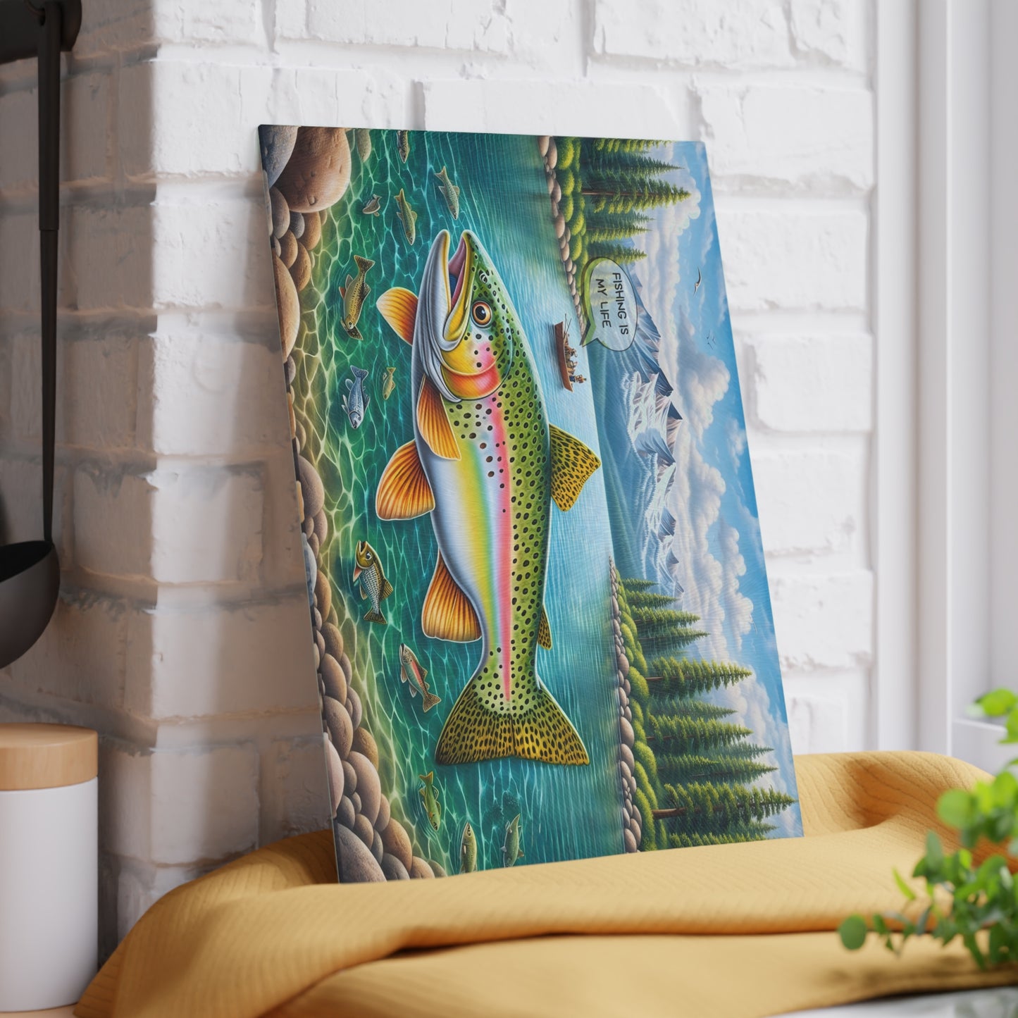 Fishing Is My Life Glass Cutting Board – Colorful Trout Lake Fishing Artwork