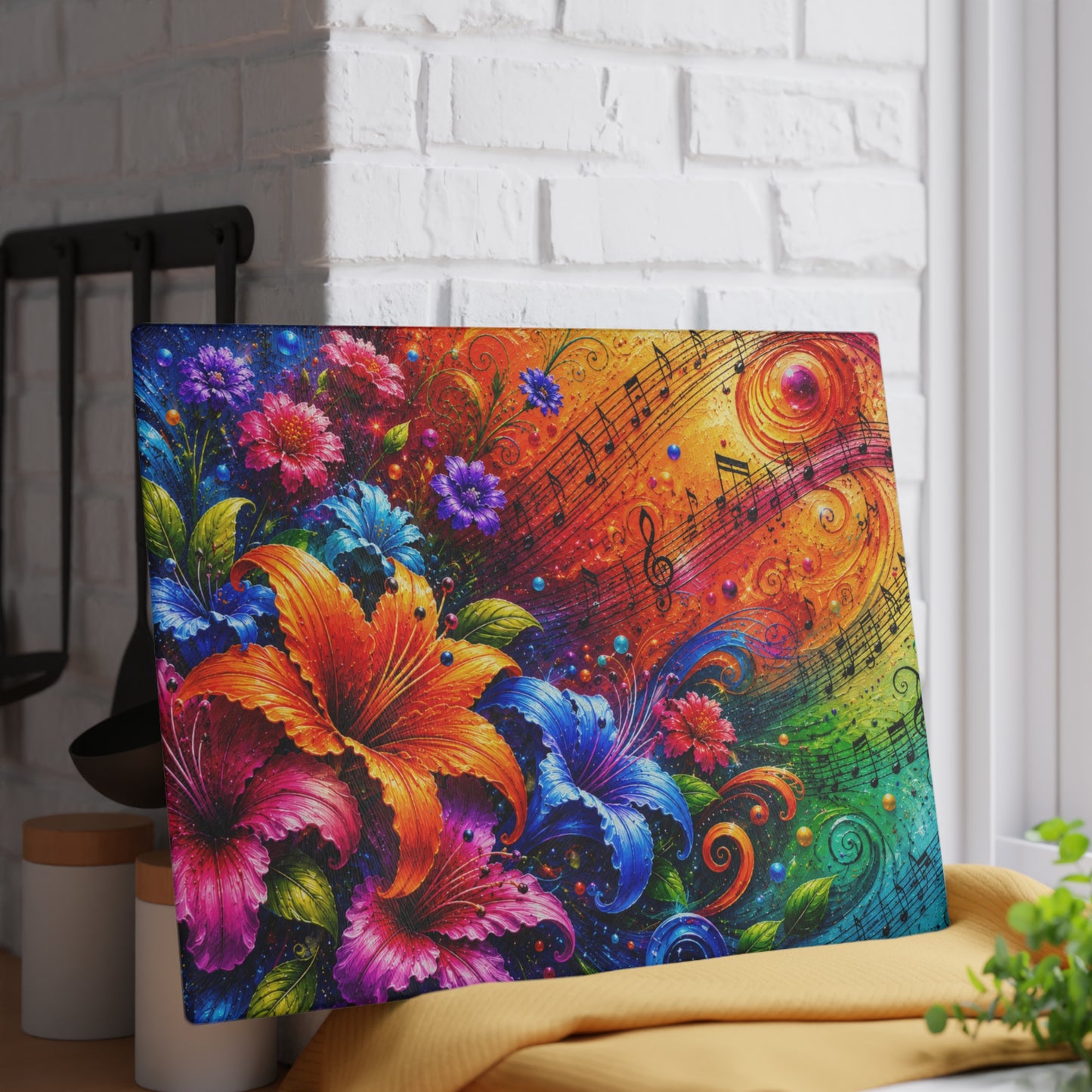 Floral Music Notes Glass Cutting Board