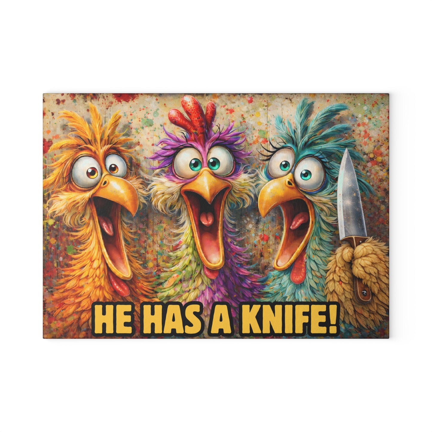 He Has a Knife! Funny Chicken Glass Cutting Board – Bold Farmhouse Kitchen Humor