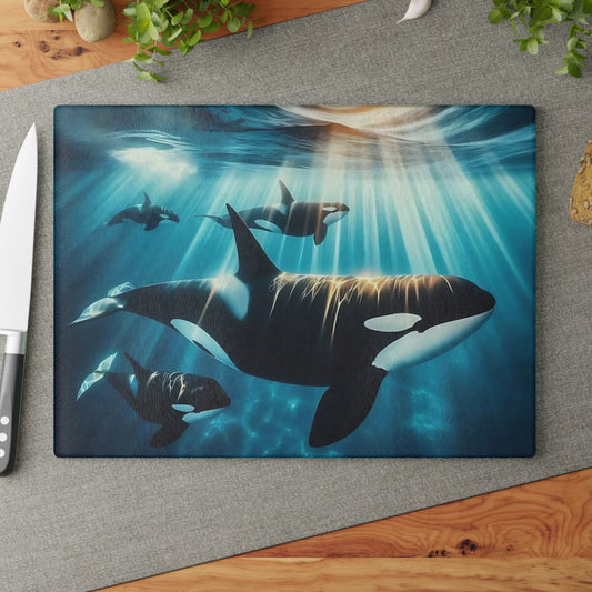 Ocean Guardians Glass Cutting Board – Orca Family Beneath Sunlit Waters