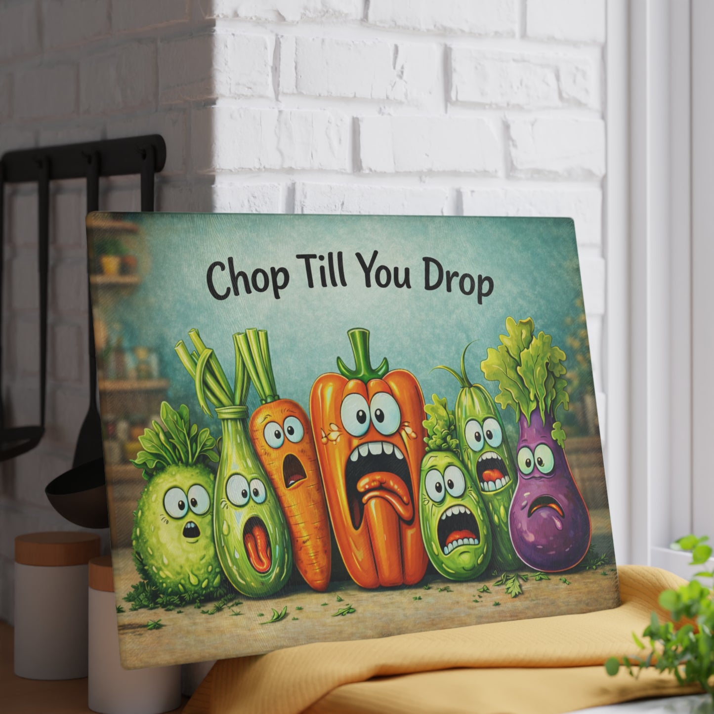 Chop Till You Drop Glass Cutting Board – Funny Vegetable Kitchen Decor with Playful Personality