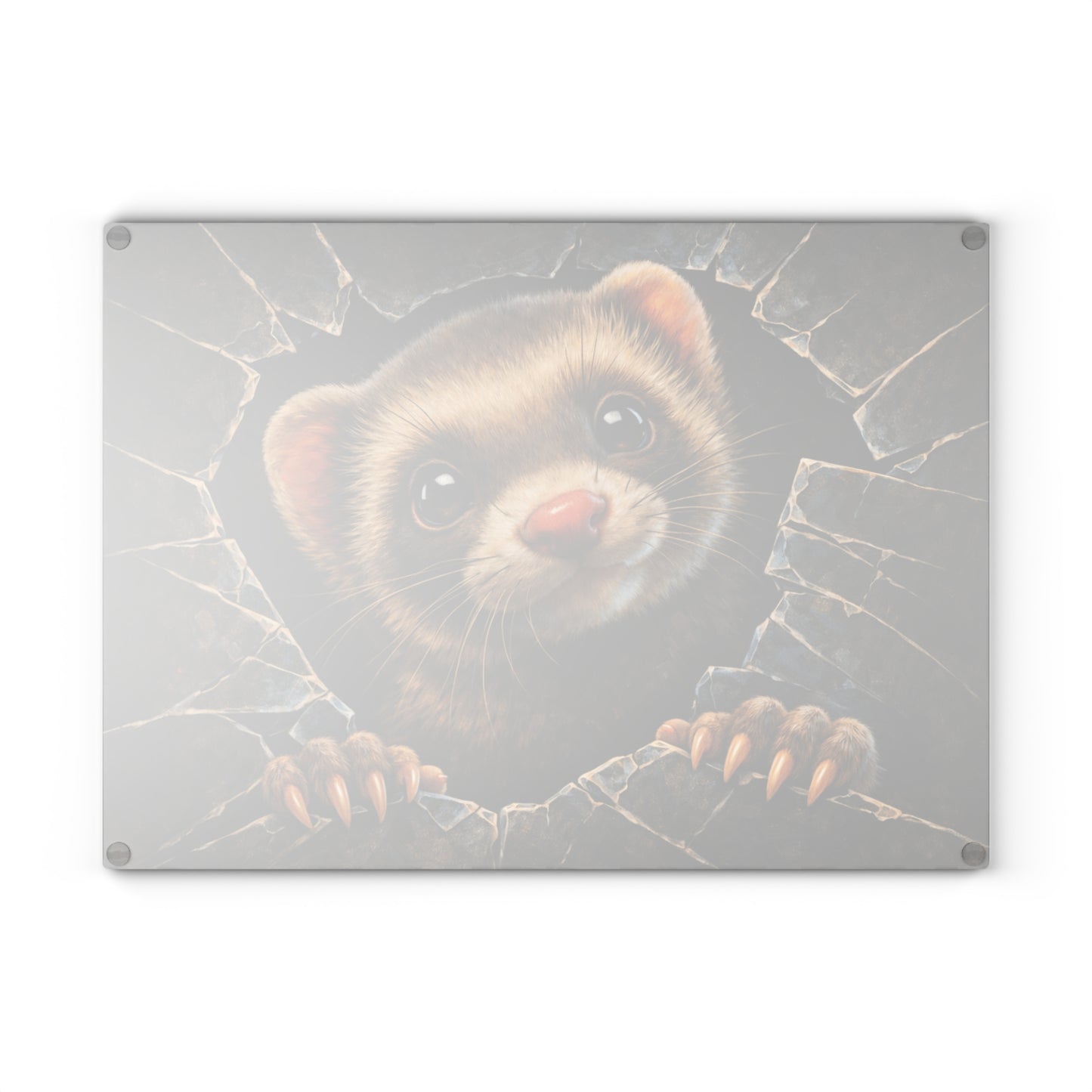 Ferret Breaking Through Wall Glass Cutting Board – Playful Wildlife Peek Artwork