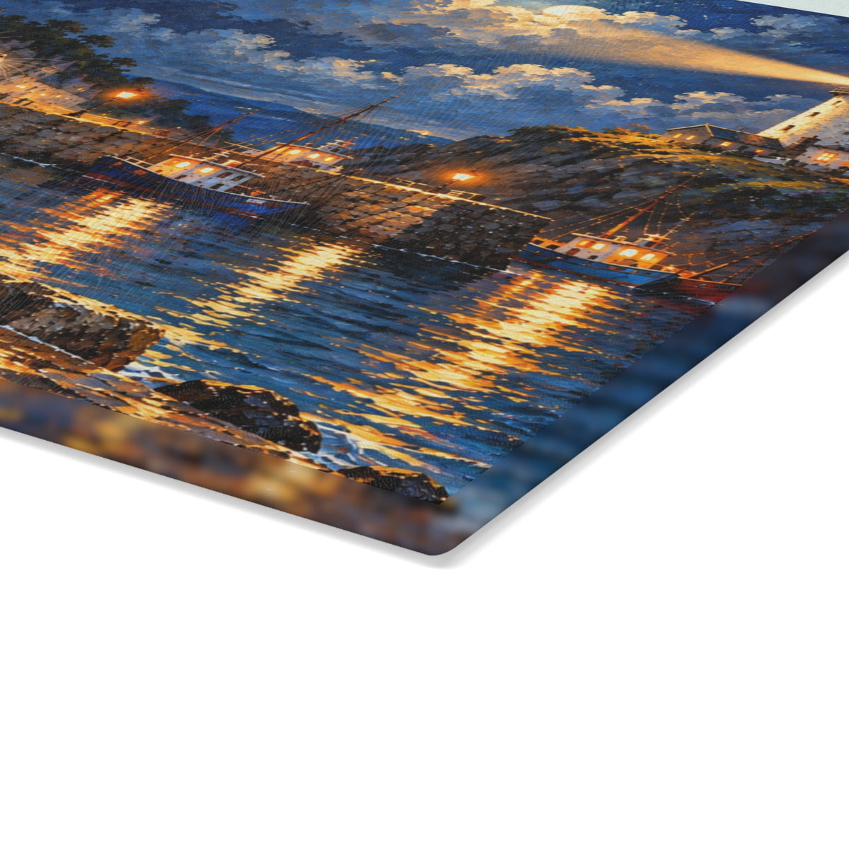 Moonlit Harbor Cats – Coastal Lighthouse Tempered Glass Cutting Board – 11 × 15 Inches