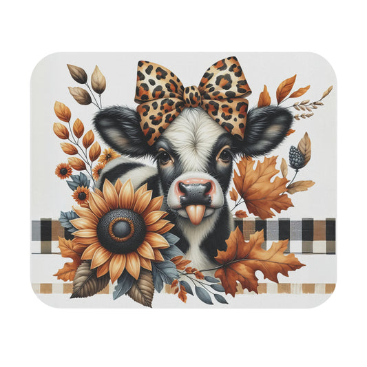 🖱️🐄🧡 Leopard Bow Cow Mouse Pad – Sunflowers, Autumn Leaves & Buffalo Plaid