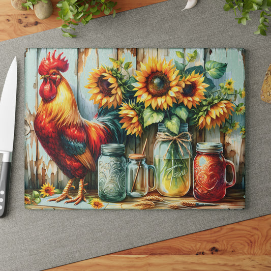 🐓 Rustic Rooster & Sunflowers Cutting Board – Farmhouse Mason Jar Kitchen Art