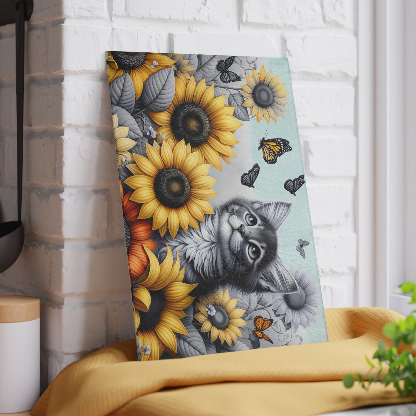 🐾🌻 Kitten & Sunflowers Cutting Board – Whimsical Rustic Farmhouse Charm with Butterflies ✨🐈🦋