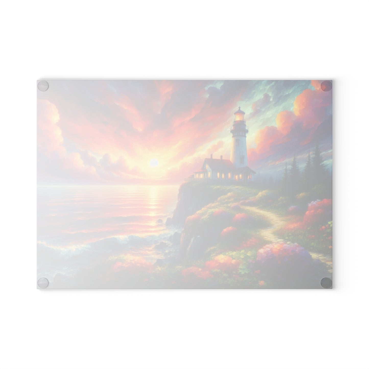 Radiant Lighthouse Sunset Glass Cutting Board – Coastal Seascape Art Kitchen Display