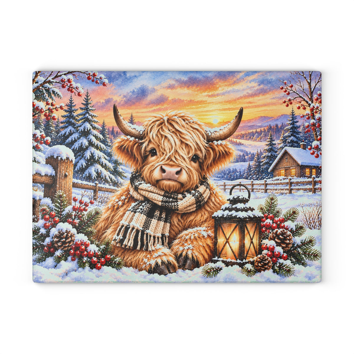 Winter Highland Cow Tempered Glass Cutting Board – Cozy Plaid Scarf Snowy Farmhouse Art – 11 × 15 Inches