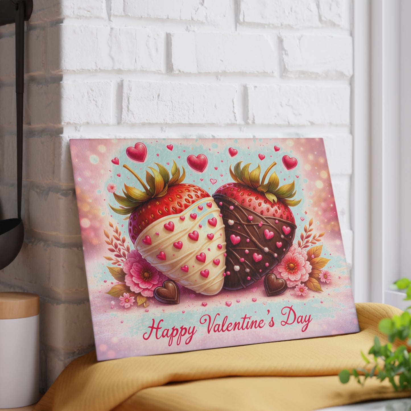 Chocolate-Covered Strawberries Valentine Glass Cutting Board – Romantic Kitchen Art Gift