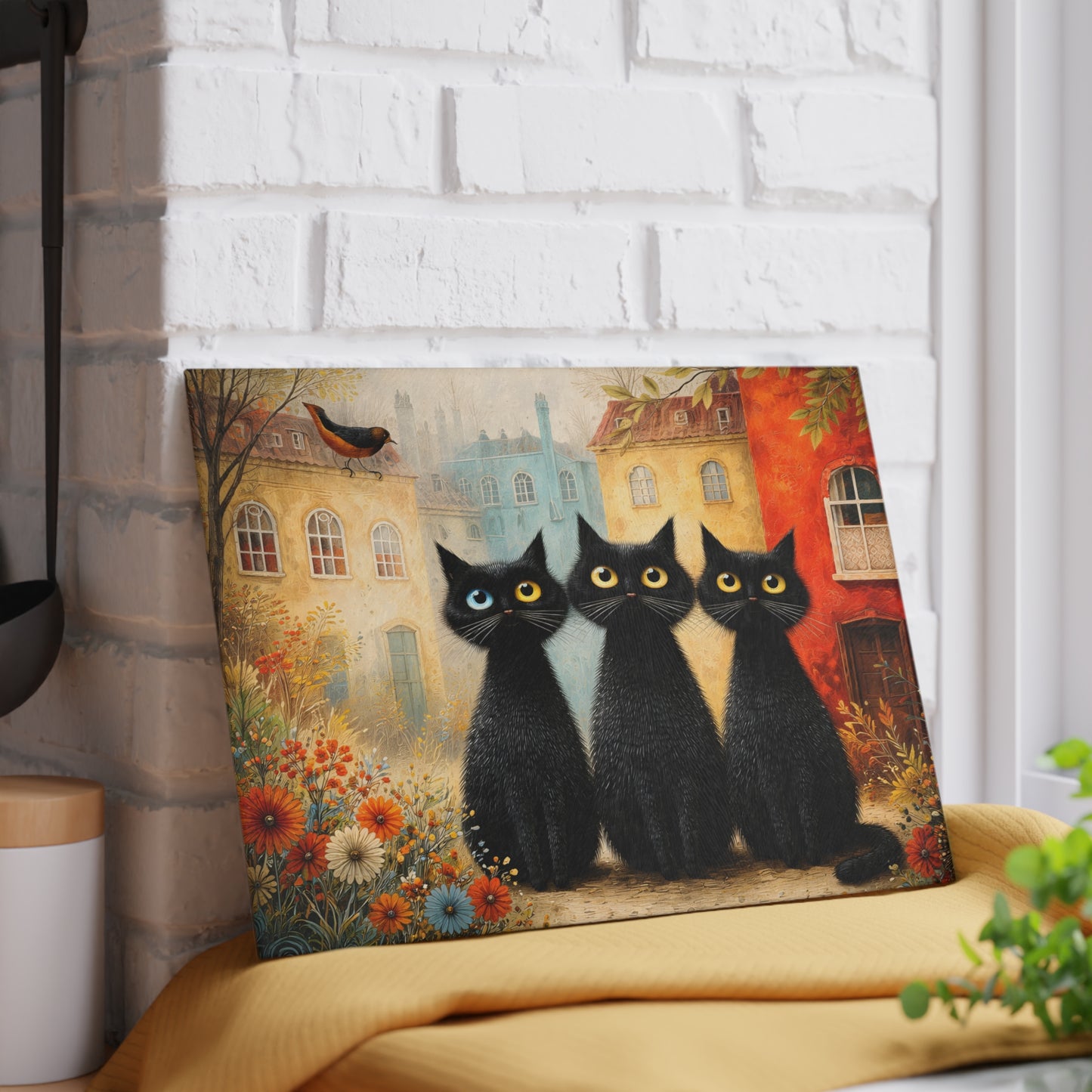 Whimsical Black Cat Glass Cutting Board – Storybook Village Cat Art Kitchen Decor