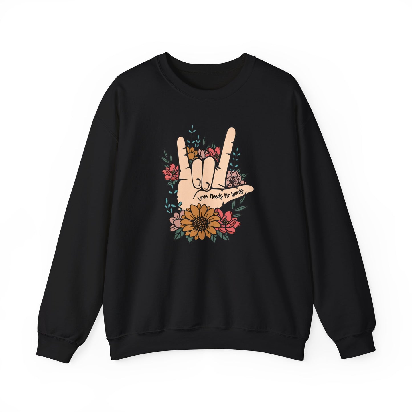 🎄🤟 Love Needs No Words Christmas Sweatshirt – ASL Holiday Floral Design for Meaningful Gifts 🌸🎁
