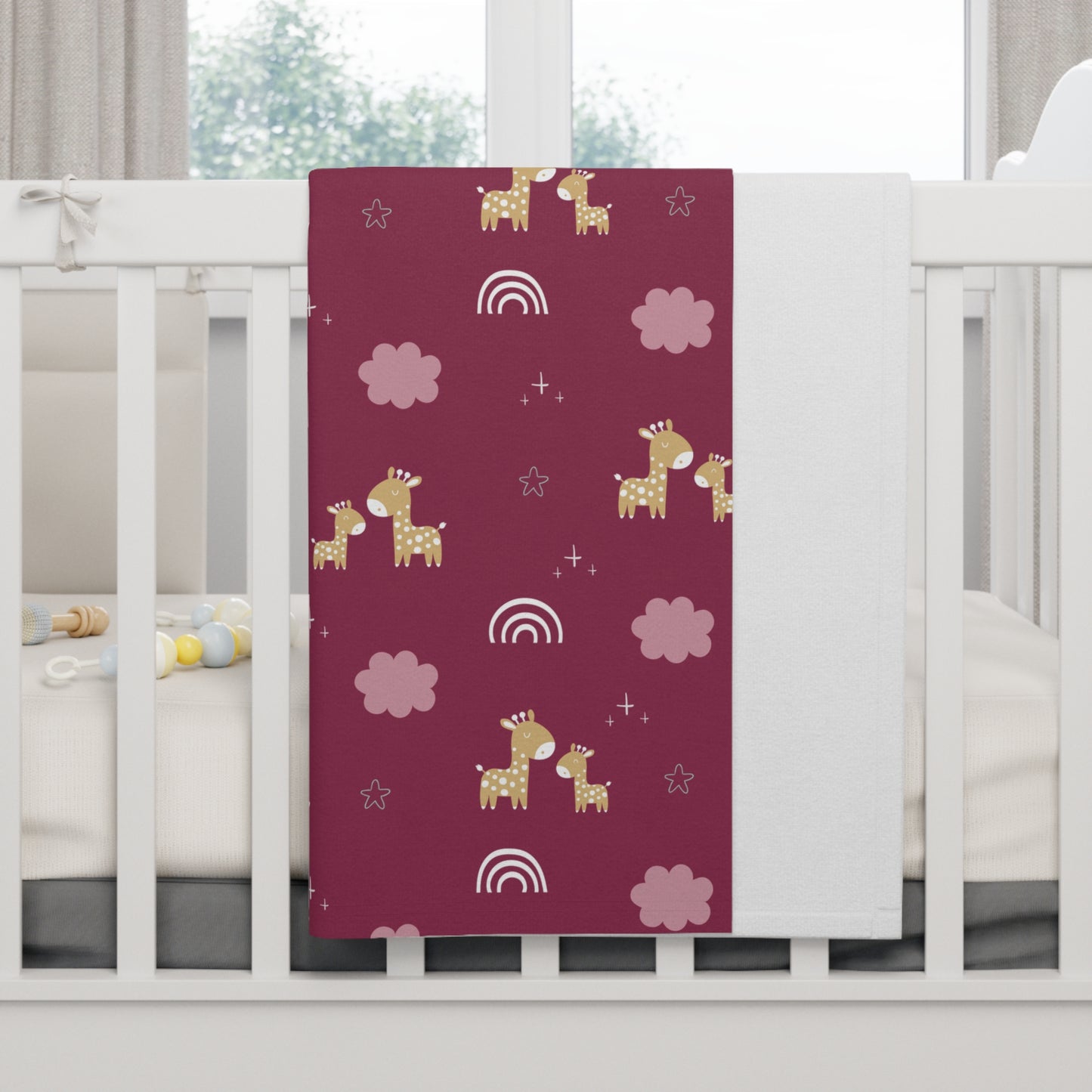 Burgundy Giraffe & Rainbows Baby Blanket – Ultra-Soft Fleece 30″×40″ | Warm Maroon Nursery Cozy