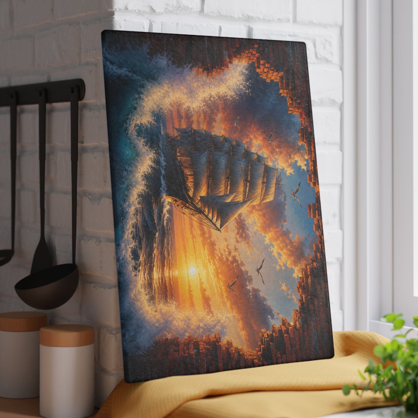 Sunset Sailing Ship Tempered Glass Cutting Board