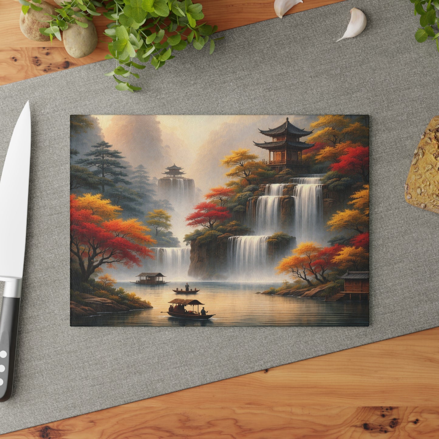 Asian Waterfall Landscape Glass Cutting Board – Serene Mountain Temple Kitchen Art